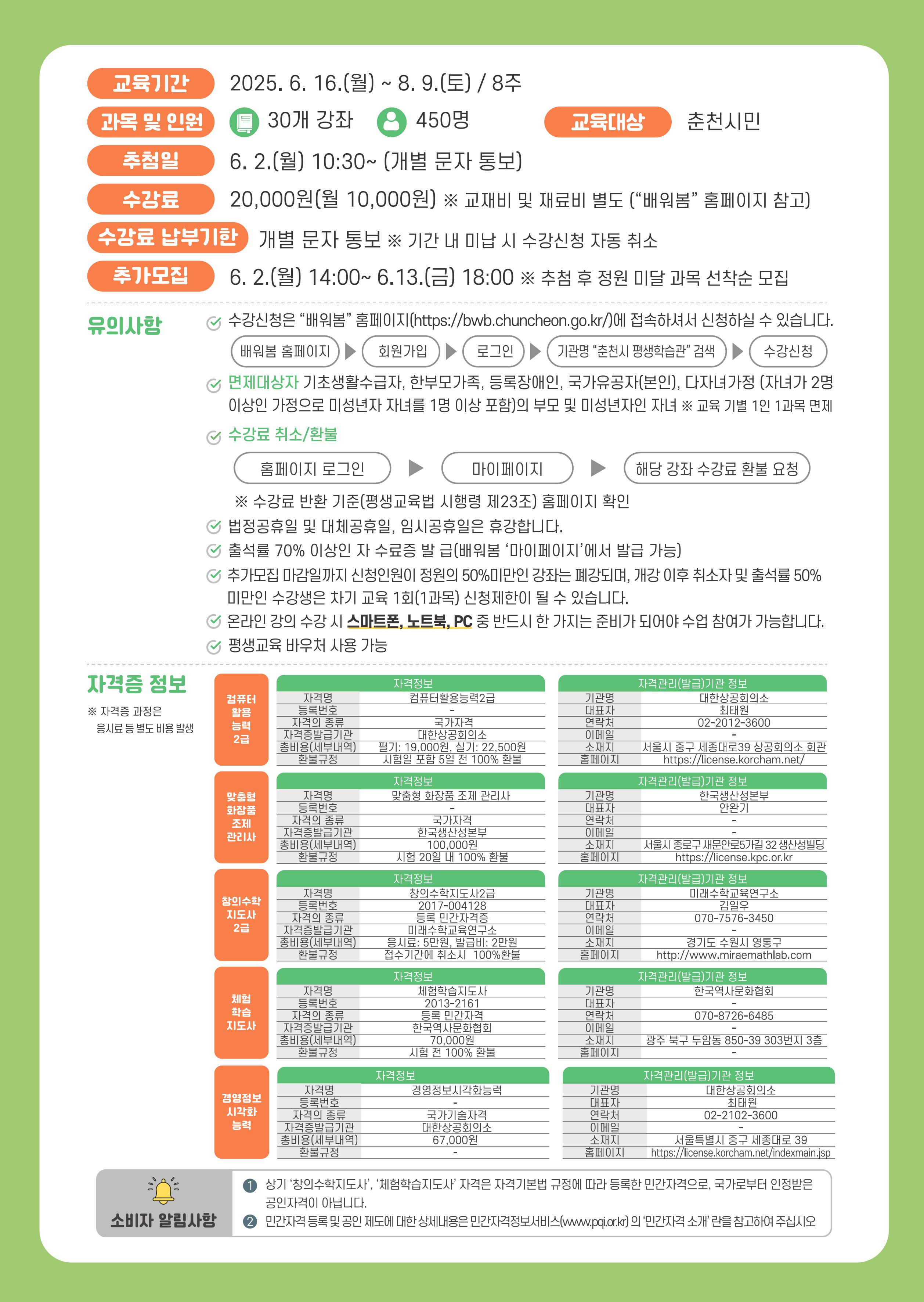 2025년도 춘천시 평생학습관 2기 비대면교육 수강생 모집