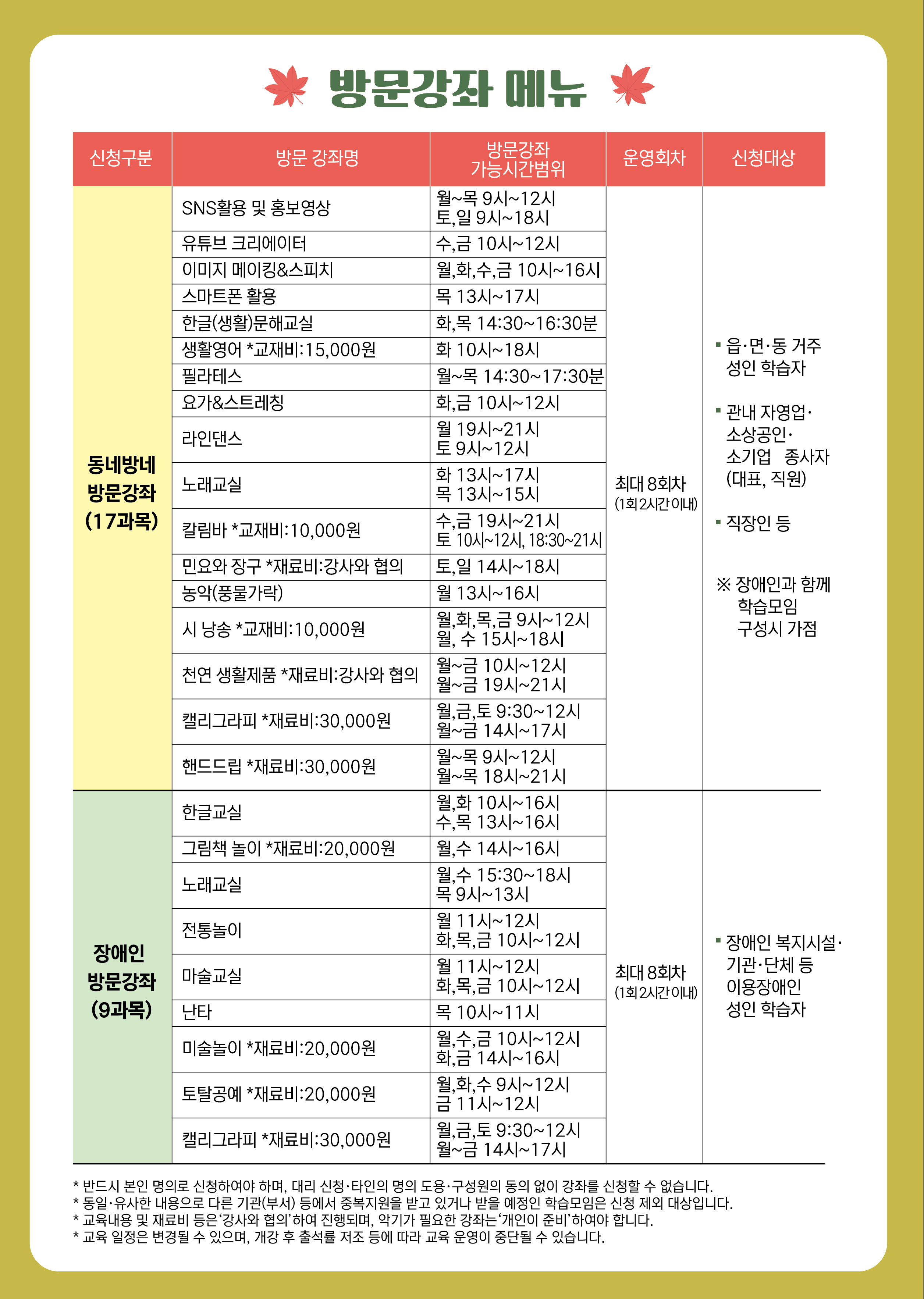 춘천시 평생학습 찾아가는 방문강좌 수강생 모집