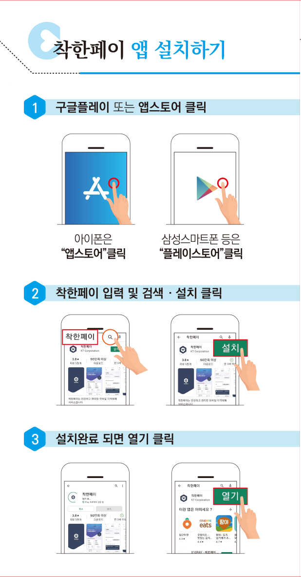 착한페이 앱 설치하기
1. 구글플레이 또는 앱스토어 클릭 : 아이폰은 앱스토어 클릭, 삼성스마트폰 등은 플레이스토어 클릭
2. 착한페이 입력 및 검색·설치 클릭
3. 설치완료 되면 열기 클릭