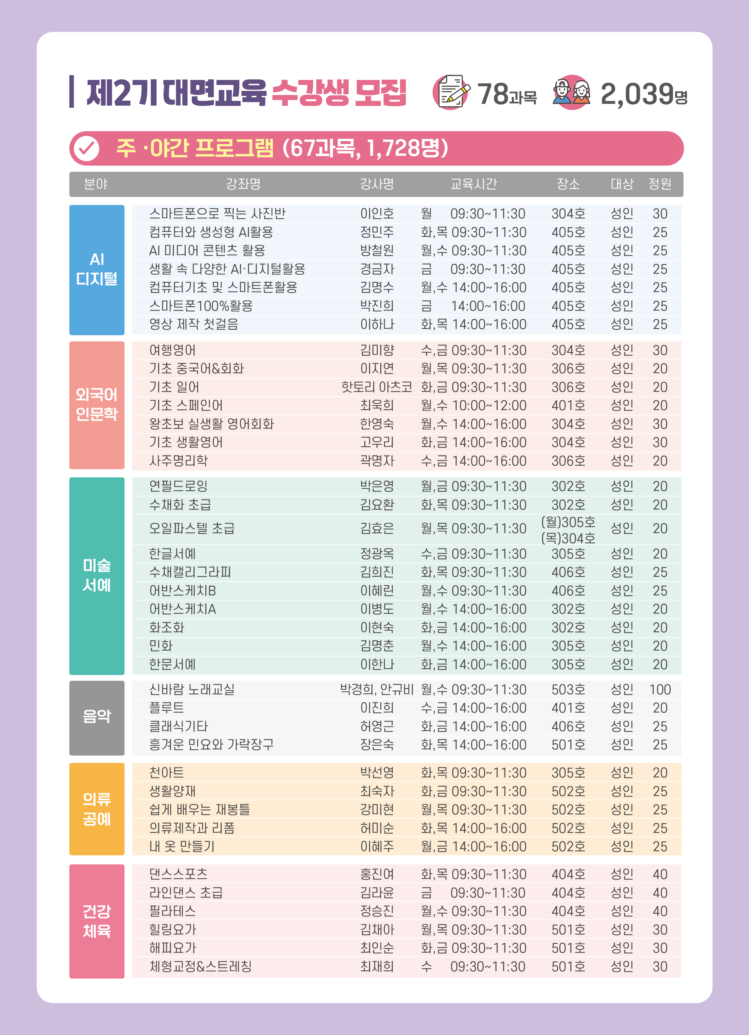 2026년 춘천시평생학습관 제2기 대면교육 수강생 모집