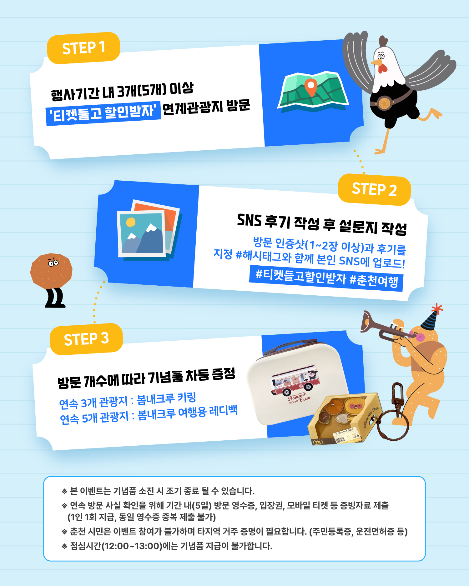 STEP 1 행사기간 내 3개(5개) 이상 '티켓들고 할인받자' 연계관광지 방문 STEP 2 SNS 후기 작성 후 설문지 작성 방문 인증샷(1~2장 이상)과 후기를 지정 #해시태그와 함께 본인 SNS에 업로드! #티켓들고할인받자 #춘천여행 STEP 3 방문 개수에 따라 기념품 차등 증정 연속 3개 관광지 : 봄내크루 키링, 연속 5개 관광지 : 봄내크루 여행용 레디백 유의사항 ※ 본 이벤트는 기념품 소진 시 조기 종료 될 수 있습니다. ※ 연속 방문 사실 확인을 위해 기간 내(5일) 방문 영수증, 입장권, 모바일 티켓 등 증빙자료 제출 (1인 1회 지급, 동일 영수증 중복 제출 불가) ※ 춘천 시민은 이벤트 참여가 불가하며 타지역 거주 증명이 필요합니다. (주민등록증, 운전면허증 등) ※ 점심시간(12:00~13:00)에는 기념품 지급이 불가합니다.