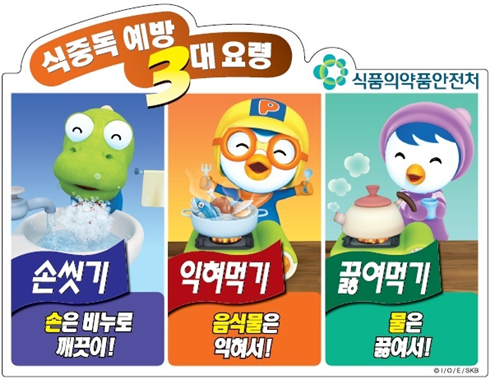 식중독 예방 3대요령. 식품의약품안전처. 손씻기-손은 비누로 깨끗이!, 익혀먹기-음식물은 익혀서!, 끓여먹기-물은 끓여서!