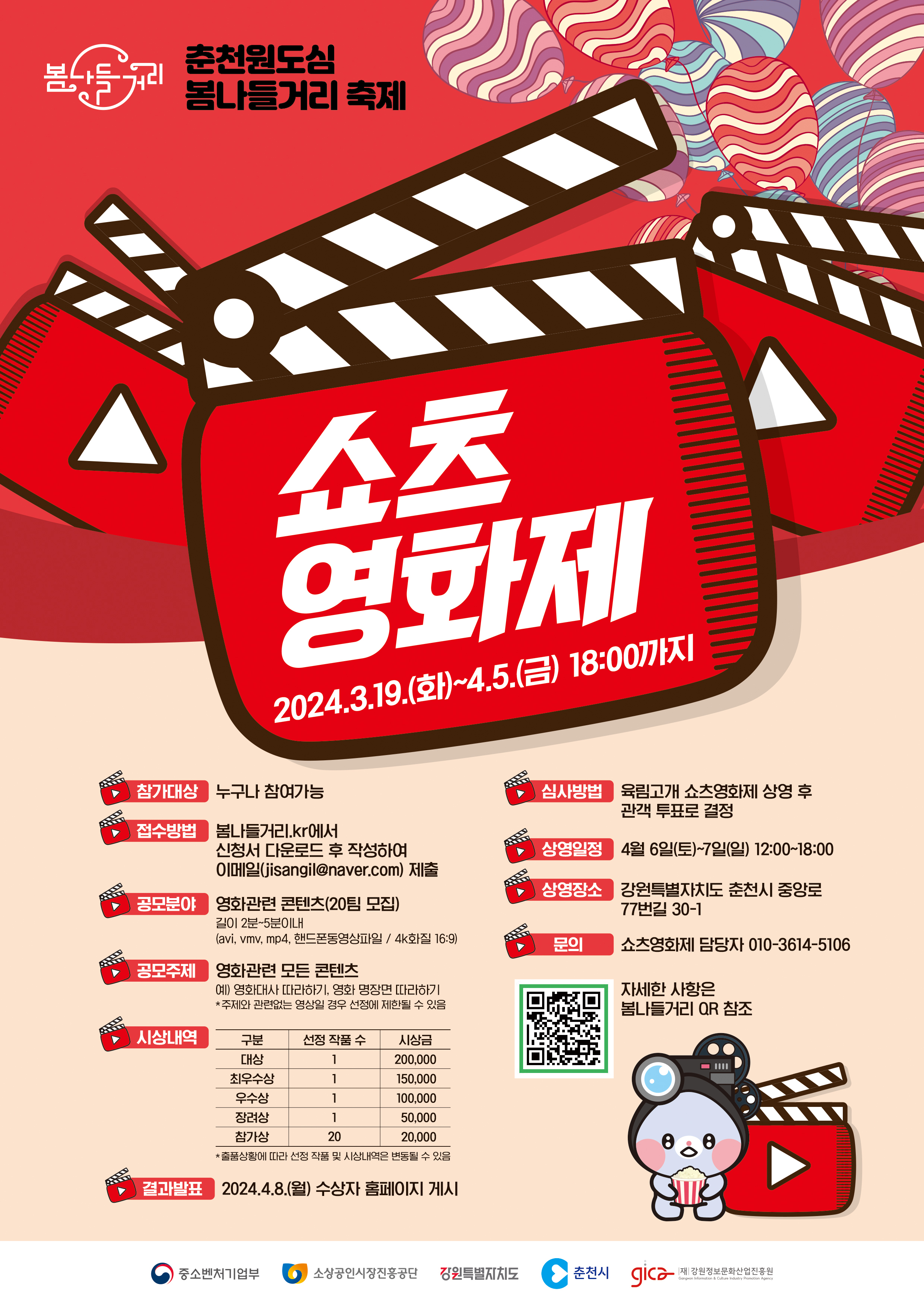 봄나들거리 춘천원도심 봄나들거리 축제 쇼츠영화제 2024.3.19.(화)~4.5.(금) 18:00까지 참가대상 : 누구나 참여가능 심사방법 : 육림고개 쇼츠영화제 상영 후 관객 투표로 결정 접수방법 : 봄나들거리.kr에서 신청서 다운로드 후 작성하여 이메일(jisangil@naver.com) 제출 상영일정 : 4월 5일(토)~7일(일) 12:00~18:00 공모분야 : 영화관련 콘텐츠(20팀 모집) 길이 2분~5분이내(avi, vmv, mp4, 핸드폰동영상파일 / 4k 파일 16:9) 상영장소 : 강원특별자치도 춘천시 중앙로 77번길 30-1 공모주제 : 영화관련 모든 콘텐츠 예) 영화대사 따라하기, 영화 명장면 따라하기 *주제와 관련없는 영상일 경우 선정에 제한될 수 있음 문의 : 쇼츠영화제 담당자 010-3614-5106 시상내역 : 구분 대상 선정 작품 수 1 시상금 200,000 / 최우수상 선정 작품 수 1 시상금 150,000  / 우수 선정 작품 수 1 시상금 100,000 / 장려상 선정 작품 수 1 시상금 50,000 / 참가상 선정 작품 수 20 시상금 20,000 *출품상황에 따라 선정 작품 및 시상내역은 변동될 수 있음 결과발표 : 2024.4.8.(월) 수상자 홈페이지 게시 자세한 사항은 봄나들거리 QR 참조 QR 바로가기 : https://xn--v69av2fkse63fgwe.kr/